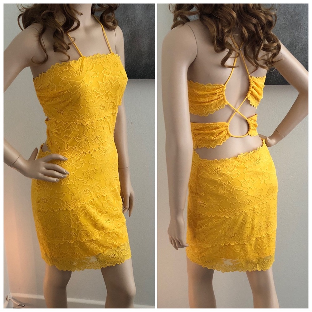 Guess Yellow Sleeveless Lace Cut Out Mini Dress - Picture 3 of 11